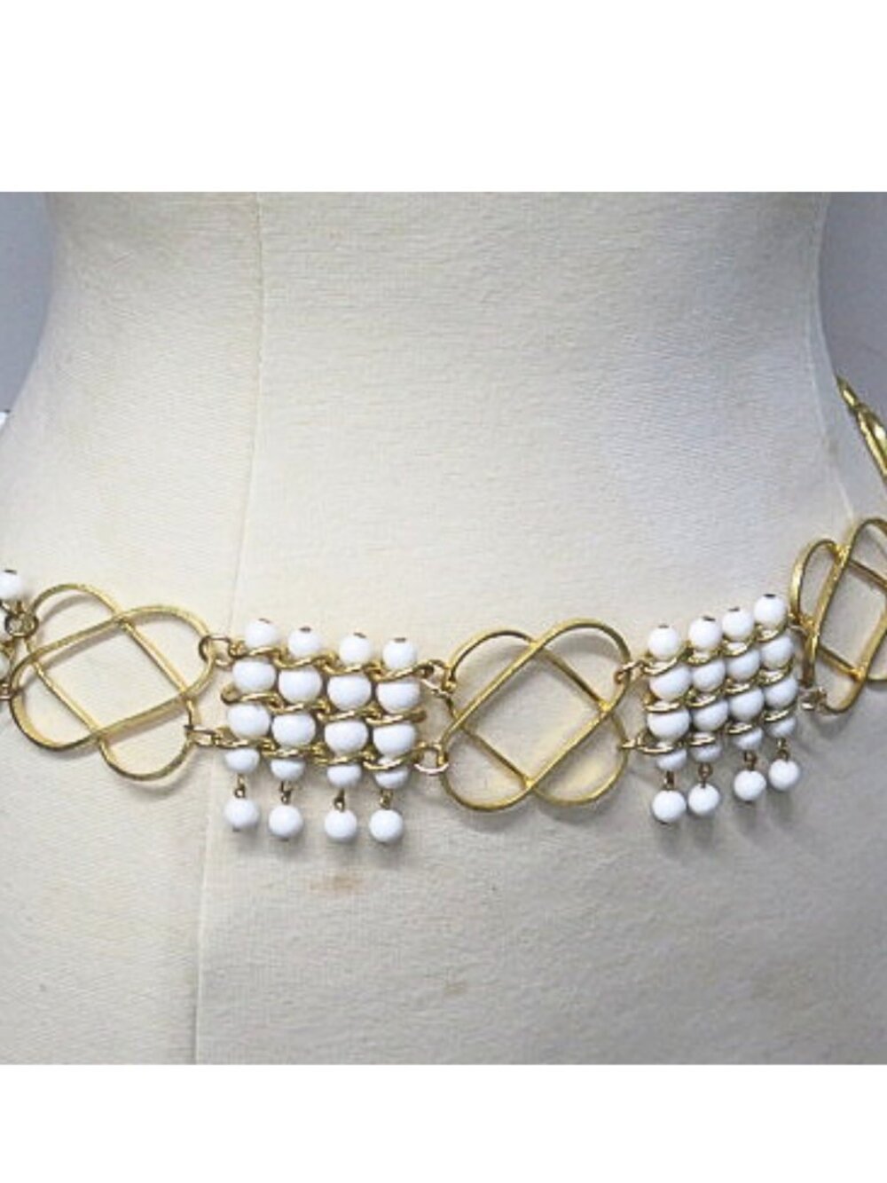 Vintage Gold Tone White Beaded Chain Belt Geometric Statement Waist Belt